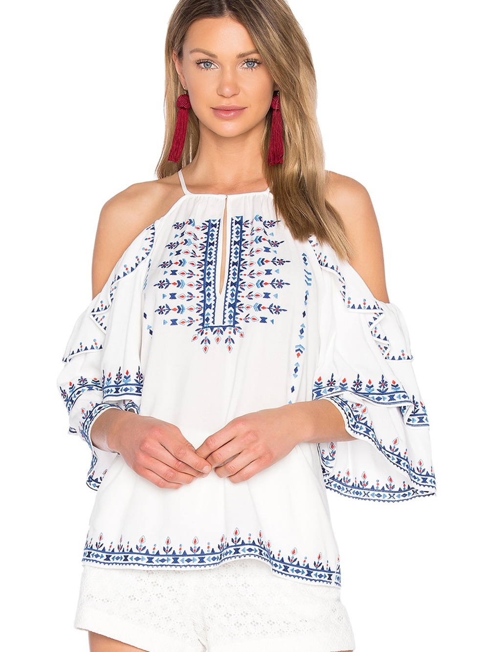Parker White Cold-Shoulder Embroidered Boho Top with Blue and Red Accents